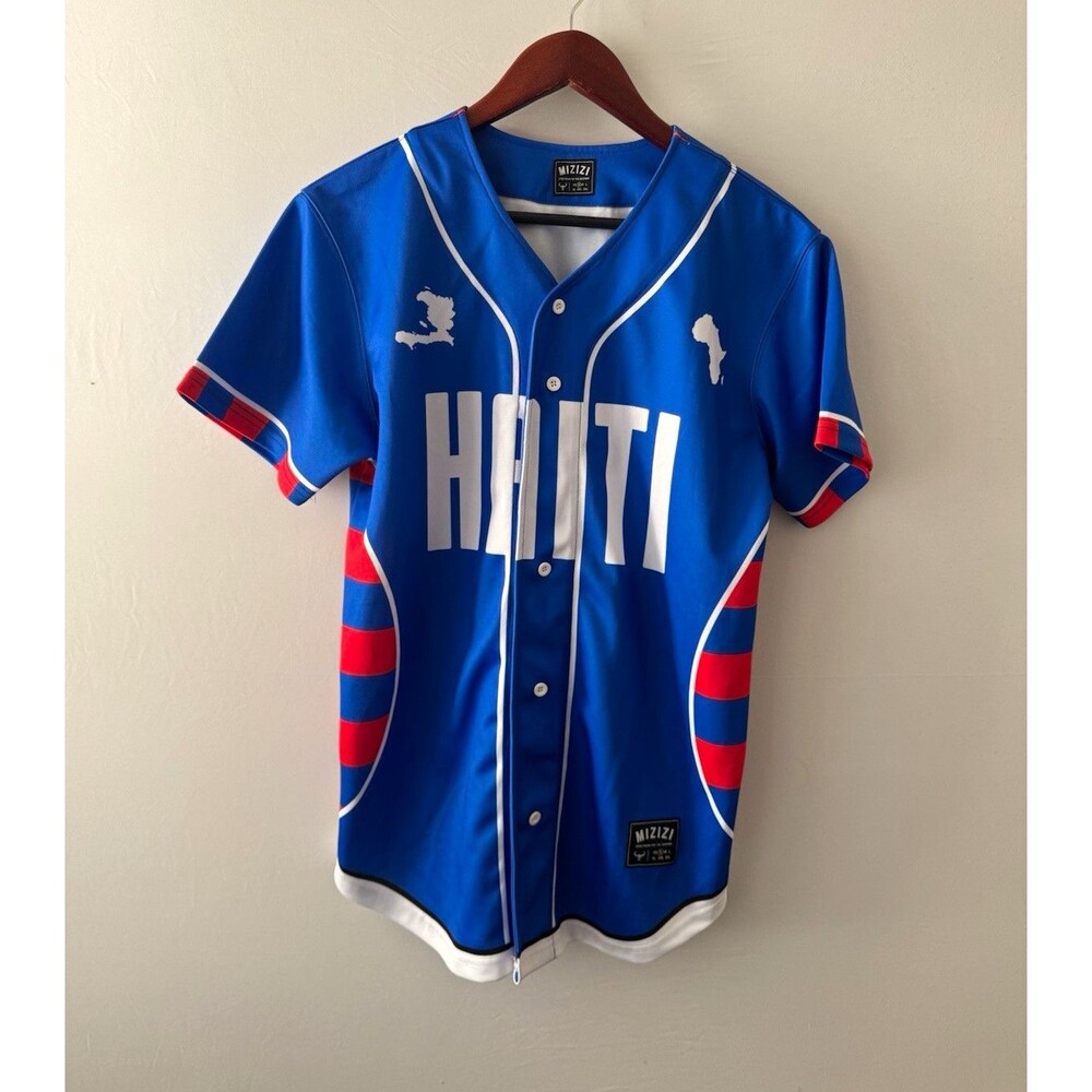 MIZIZI Mens S Blue Red White V-Neck Button Front Graphic Logo Jersey Polyester
